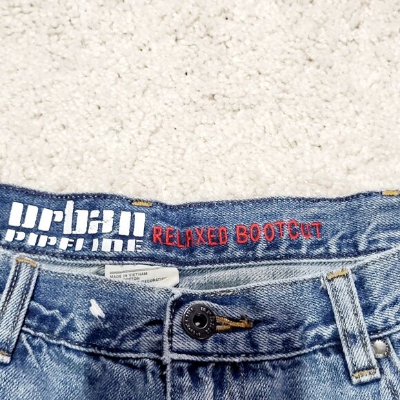 Urban Pipeline Relaxed Bootcut Jean Men 38x32 Blue Western Distressed Denim READ - Picture 2 of 12